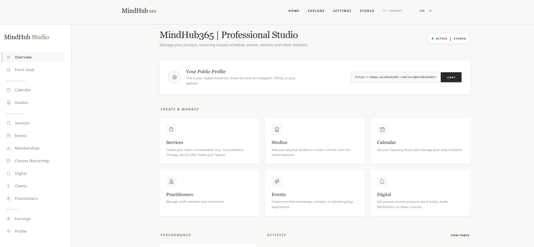 MindHub365 Studio Dashboard Overview